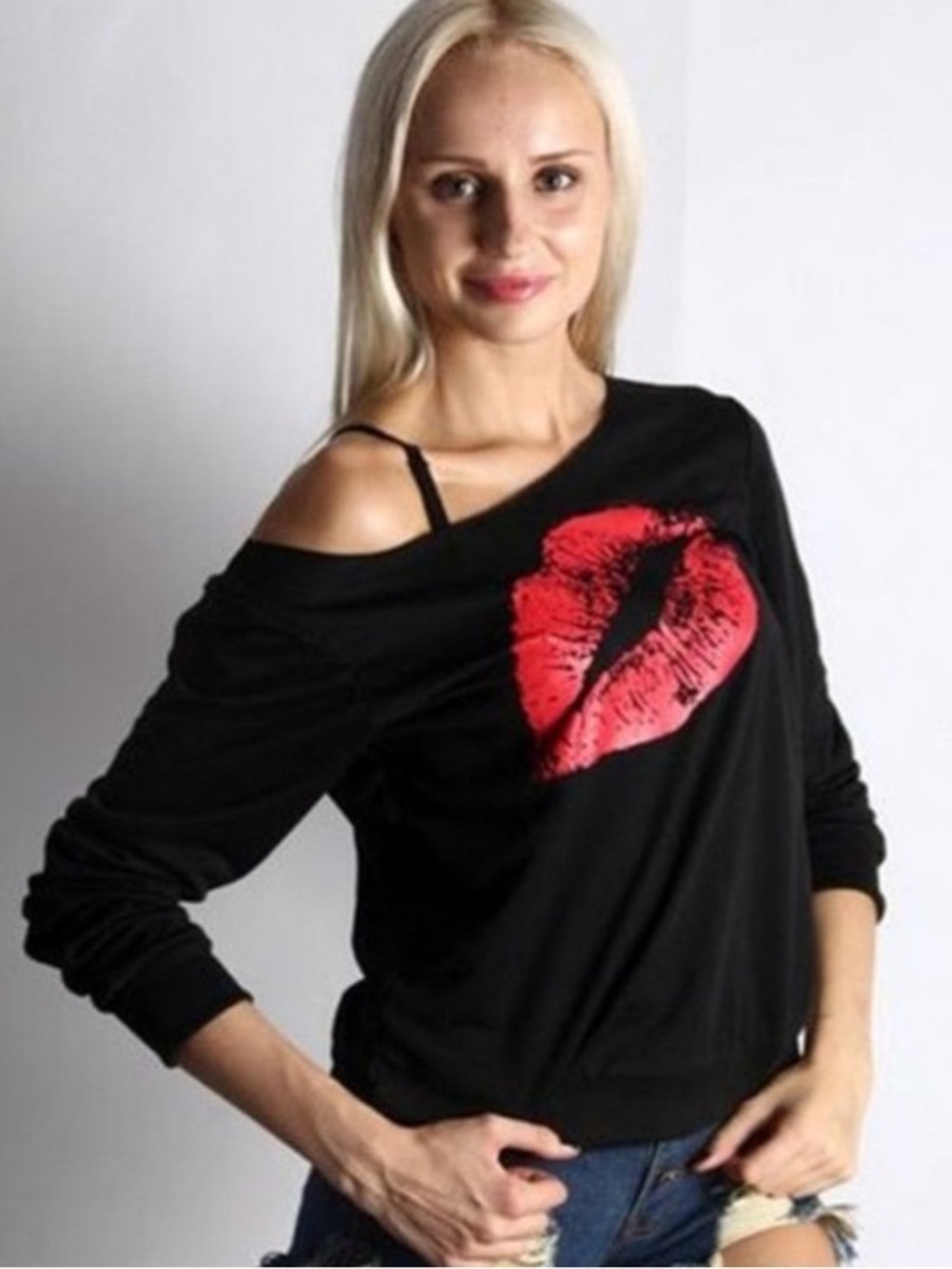Black Off-Shoulder Sweatshirt with Red Lip Print